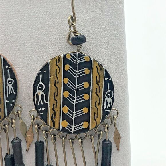 Southwestern Tribal Native American Shield Dangle Drop Earrings Beaded Fringe 3" - Picture 2 of 7